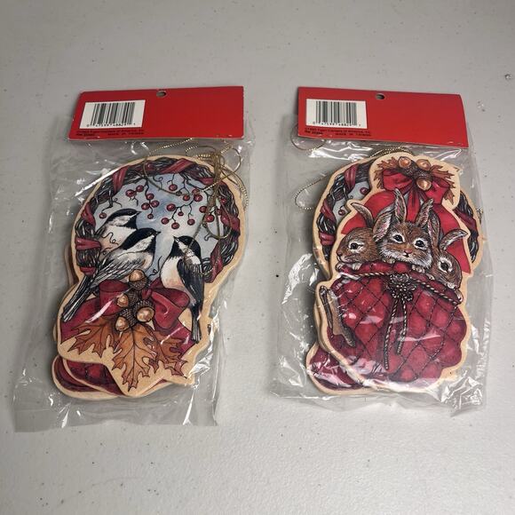 Christmas Die Cut Wood Ornaments Set 8 Vintage Deer Birds Squirrel Rabbit 1993 - Picture 2 of 10